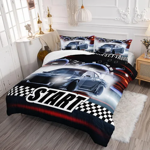 Miniatura 3 de Datura home Juego de ropa de cama con funda de edredón de coche de carreras para niños y adolescentes, impresión 3D a cuadros blanco y negro