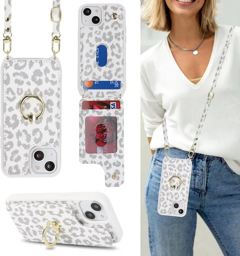 Miniatura 16 de Lipvina Funda para iPhone 13 Mini con tarjetero y correa para mujer, cordón cruzado, soporte de anillo con soporte, cierre a presión, bloqueo RFID