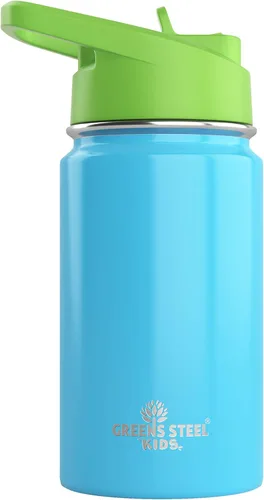 Botella de agua para niños, 12 onzas, color azul, a prueba de fugas con popote y asa, 24 horas de frío, acero inoxidable de doble pared aislada,