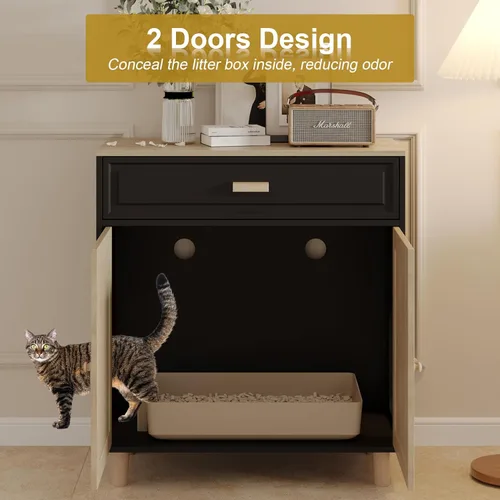 Miniatura 3 de Mueble Gabinete para Caja de Arena de Gatos Oculta Interior 2 en 1 Casa de Madera para Gatos y Gabinete de Baño con Puertas de Tabla Rascadora