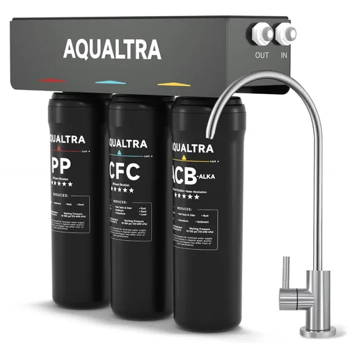 AQUALTRA USF-3F-10 Sistema de filtro de agua ligeramente alcalino para debajo del fregadero, 8K-32K Gal con grifo, reduce PFOA, PFOS, cloro, plomo,