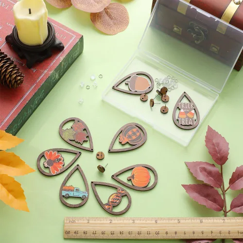 Miniatura 3 de SUNNYCLUE 1 caja, 8 pares de aretes de Acción de Gracias, aretes de gota de madera a granel, aretes de madera para hacer joyas, kits de iniciación