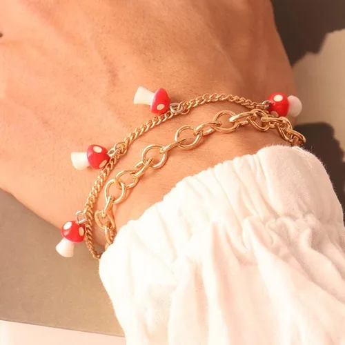 Miniatura 3 de Rrdaily Tobillera de doble capa con forma de hongo, bonita pulsera de hongo rojo, pulsera combinada para mujeres y niñas, Sin gemas.