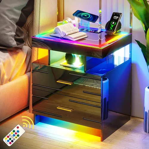 Miniatura 13 de WOOVIVS Juego de 2 mesitas de noche con estación de carga USB/tipo C/inalámbrica, mesitas de noche blancas con luces LED RGB automáticas, juego de 2