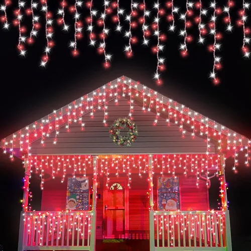 Miniatura 18 de QITONG - Tira de luces de carámbanos rojas y blancas para exteriores, 33 pies con 400 LED, 8 modos, alambre transparente, luces de Navidad