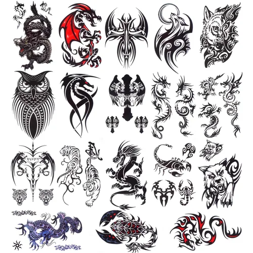 glaryyears 18 hojas de tatuajes temporales de color negro dragón para hombres y adolescentes, animales escorpiones, búho lobo, cruz de tigre tribal