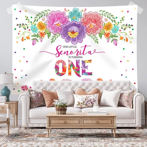 Miniatura 4 de Fondo de fiesta mexicana para el primer cumpleaños para niñas, flores, Senorita Turning One, fondo de fotografía de 7 x 5 pies, fiesta de niña