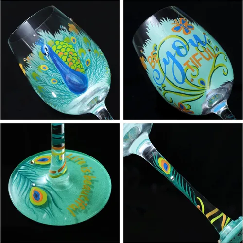 Miniatura 5 de NymphFable Copas de vino pintadas a mano con diseño de pavo real, 15 onzas, coloridas copas de vino personalizadas, regalo de cumpleaños para mujeres