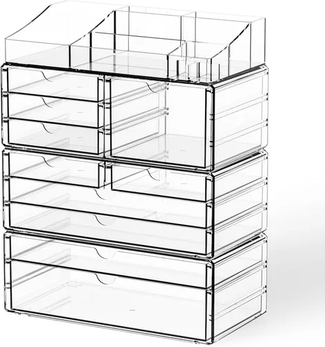 Miniatura 10 de Yieach Organizadores de maquillaje acrílico para mostrador, escritorio y tocador, paquete de 2 organizadores apilables para encimera de baño