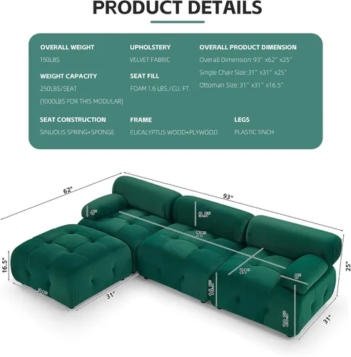 Miniatura 2 de DEINPPA Sofá modular modular de 93 pulgadas, sofá de terciopelo minimalista en forma de L, sofá convertible, muebles de sala de estar para sala
