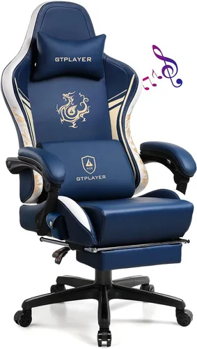 GTPLAYER Silla de juegos con altavoces Bluetooth y reposapiés, silla de videojuegos de la serie Dragon, resistente, ergonómica, silla de oficina Azul
