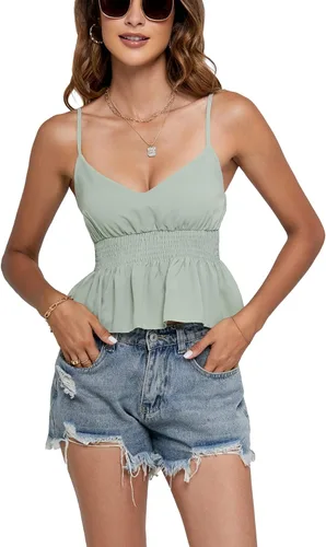 Miniatura 5 de LYANER Camiseta corta con cuello en V y cintura elástica plisada con volantes y dobladillo sin mangas