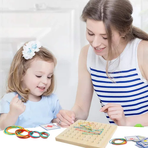 Miniatura 6 de Tablero geométrico de madera para niños - Juguete educativo Montessori STEM con tarjetas de patrones y bandas de goma, rompecabezas de formas