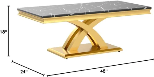 AUZ Mesa auxiliar negra y dorada de 48 pulgadas, mesa central rectangular de lujo con base de metal pulido en forma de X para sala de estar, oficina