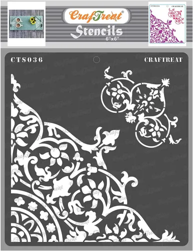 CrafTreat Plantillas de esquina reutilizables para pintar en madera, lienzo, papel, tela, piso, pared y azulejos, esquina floreciente, 6 x 6