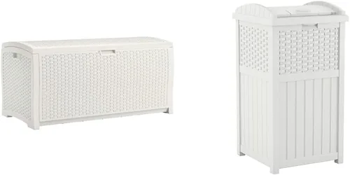 Suncast Caja de almacenamiento de mimbre de resina de 99 galones para patio, contenedor de almacenamiento al aire libre resistente al agua blanco y