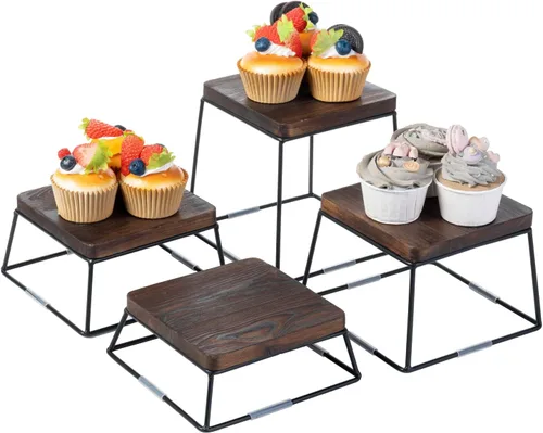 Miniatura 8 de MyGift Juego de exhibición de mesa de postre, 4 elevadores de alimentos, elevadores de bufé de madera marrón, soporte para pizza con base de alambre