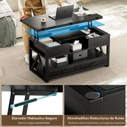 Miniatura 5 de Memobarco Mesa de Centro con Tapa Elevable de 40", Mesas de Centro Elevables Multifunción 4 en 1 con Cajones de Almacenamiento y Compartimento