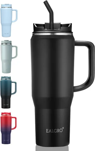 Miniatura 12 de EALGRO Botella de agua aislada de 40 onzas con popote y asa, frasco de agua deportivo de metal grande, taza de café de viaje de acero inoxidable