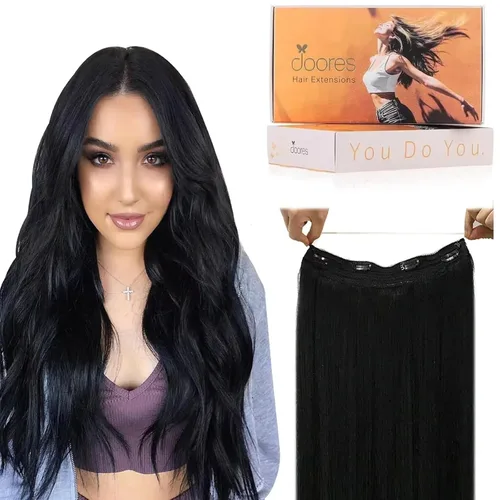 DOORES Extensiones de cabello con alambre, 18 pulgadas, 95 g, extensiones de cabello Remy de color negro azabache con alambre invisible, línea