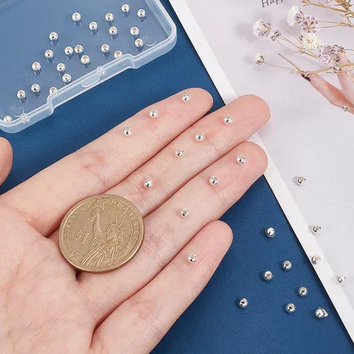 Miniatura 3 de PH PandaHall 50 cuentas espaciadoras de plata de ley 925 de 0.118 pulgadas (0.118 in), cuentas de bola pequeña, cuentas redondas para manualidades
