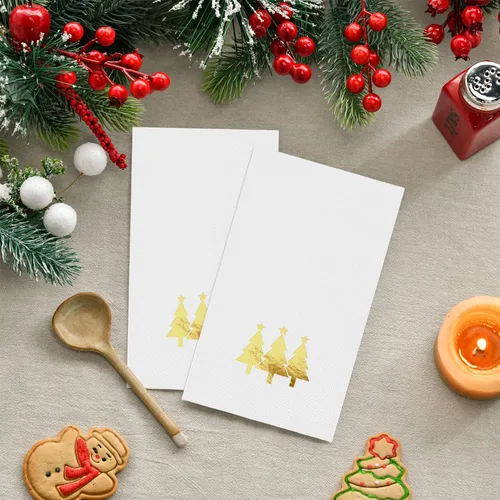 Miniatura 2 de Horaldaily 100 servilletas decorativas desechables de papel de Navidad para invitados, toalla de mano con árboles de Navidad en lámina dorada