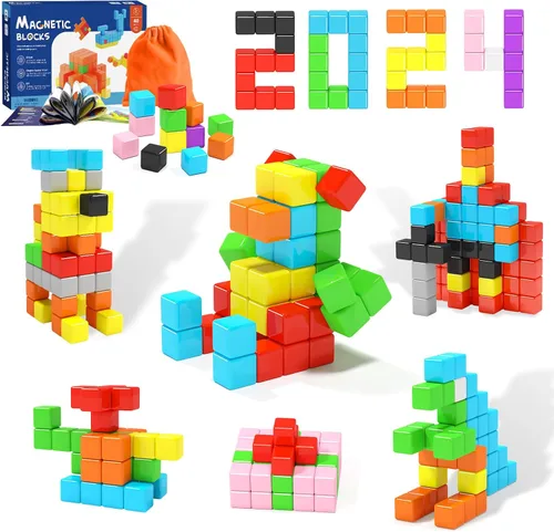Miniatura 10 de 48 bloques magnéticos, rellenos para medias navideñas para niños, regalos ideales para edades de 3, 4, 5, 6 años, cubos magnéticos sensoriales
