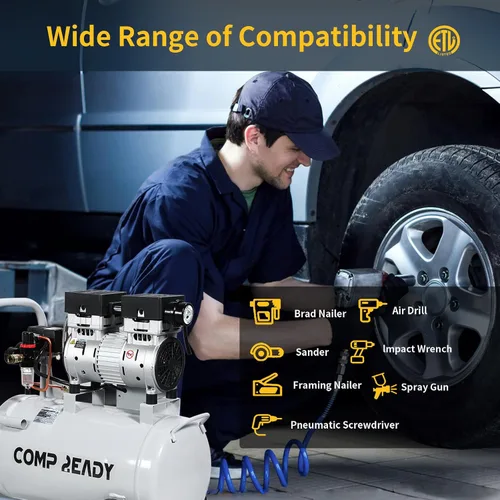 Miniatura 5 de Compresor de aire portátil de 2 galones 0.75HP 1.7 CFM@90PSI 60dB Compresor de aire ultra silencioso sin aceite para inflar neumáticos Herramienta