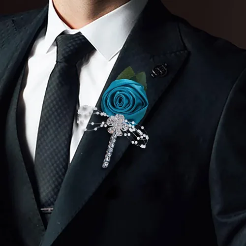 Miniatura 15 de Boutonniere de flores artificiales, paquete de 2 piezas para boda, tela de seda sintética, rosa Boutonniere para iglesia, boda, equipo, novio, Rosa