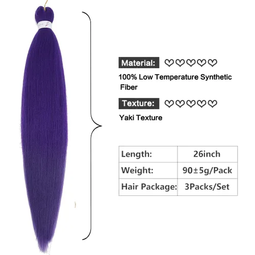 Miniatura 2 de Extensiones de cabello trenzado preestirado morado de 26 pulgadas, paquete de 3 paquetes de extensiones de cabello sintético Yaki texturizado