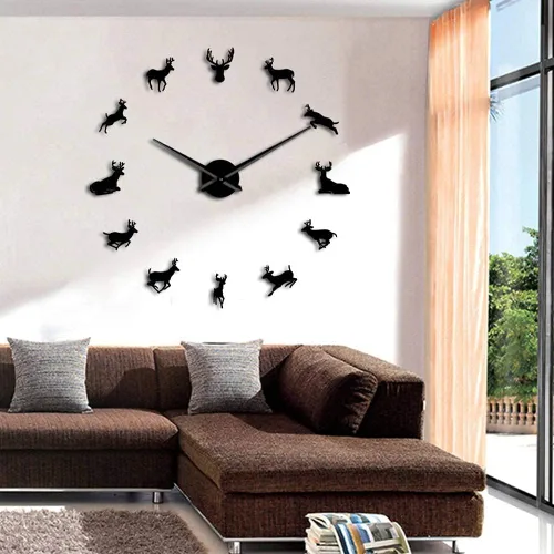 The Geeky Days Woodland Deer Giant DIY Reloj de pared grande con efecto espejo, arte de pared, decoración del hogar, reloj grande sin marco, color