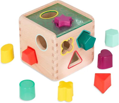 B. toys Wonder Cube - Juguete de desarrollo - Cubo clasificador de formas de madera - 9 formas coloridas - Juguete educativo de madera para niños