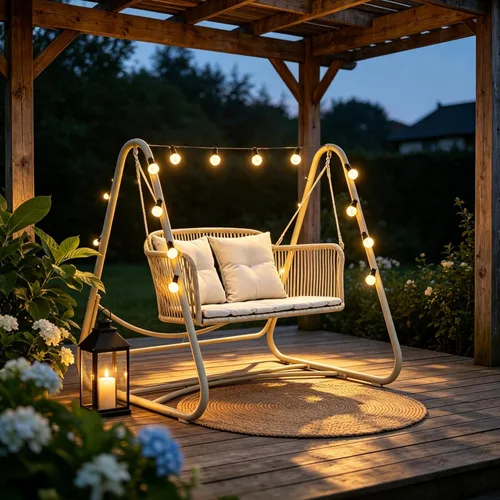 Miniatura 10 de PURPLE LEAF Silla Columpio Nube de 2 Asientos con Soporte Banco Deslizante Loveseat de Mimbre para Patio Colgante Balanceante para Interior Exterior
