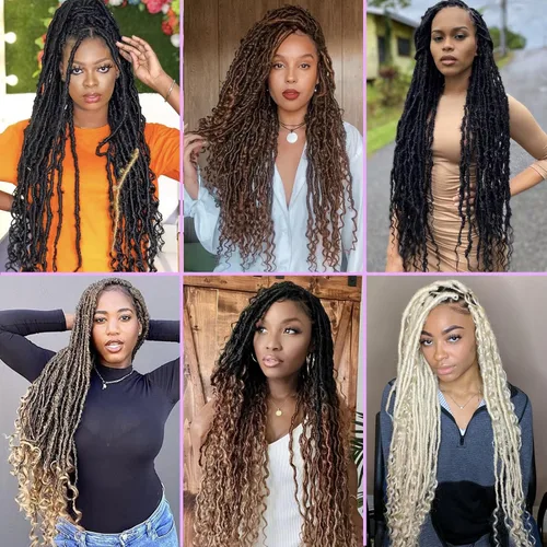 Miniatura 5 de Leeven 7 paquetes de rastas sintéticas con extremos rizados de 18 pulgadas, rastas de diosa preenrolladas para cabello de ganchillo, 84 hebras 1b#