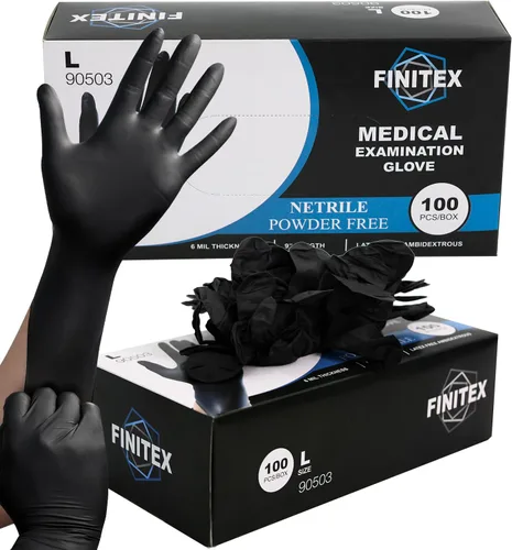 Miniatura 12 de FINITEX Guantes desechables de nitrilo negro para examen médico, 100/1000 unidades, 6.3 mil sin polvo, sin látex, guantes para alimentos Negro