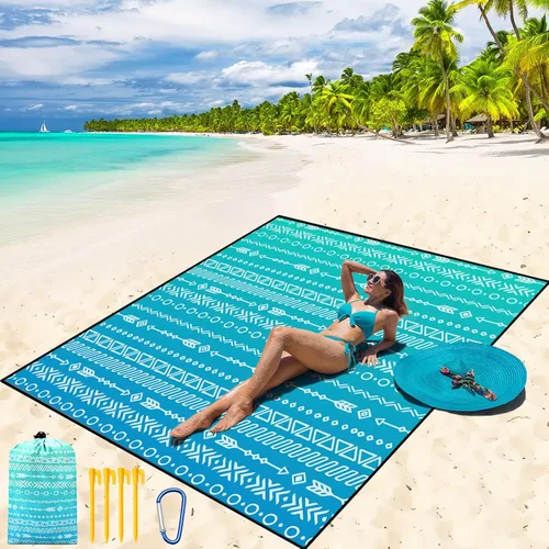 Miniatura 53 de WIWIGO Manta de playa impermeable a prueba de arena tapete de playa 79" X 83"/10'x9' para 2-8 adultos, de secado rápido, tapete de picnic al aire