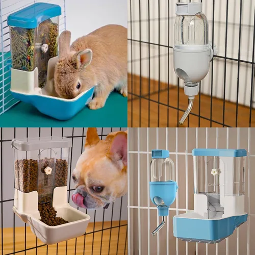 Miniatura 6 de Dispensador automático de agua para alimentos para mascotas, juego de botellas de agua para jaula de jaula de jaula de alimentación para perros Gris