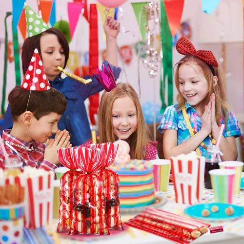 Miniatura 5 de Blulu 100 bolsas de plástico para carnaval, circo, fiesta, golosinas, con estampado de rayas rojas y blancas, celofán transparente, con 100 lazos