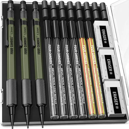 Miniatura 9 de Four Candies Juego de lápices mecánicos de 1.3mm con 24 repuestos de plomo, lápiz de carpintero de metal resistente a la intemperie para uso pesado