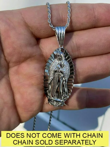 Miniatura 3 de Harlembling Solid 925 Sterling Silver - Men's Virgin Mary Pendant - Iced Nuestra Señora de Guadalupe