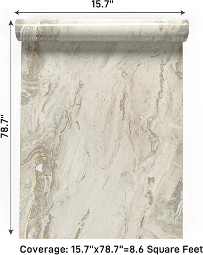 Miniatura 9 de VaryPaper Papel tapiz de mármol brillante de 15.7''x78.7'', beige-gris-dorado, despegar y pegar, autoadhesivo, grueso, duradero, removible