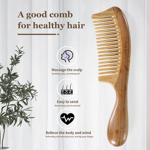 Miniatura 5 de Peine de pelo de sándalo verde natural, calidad premium, antiestático, desenredante natural, mango redondo grueso, para la salud del cabello
