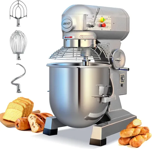 Mezclador comercial de alimentos de 30 cuartos de galón, 1250 W, mezclador comercial de 3 velocidades ajustable con función de temporizador, Plateado