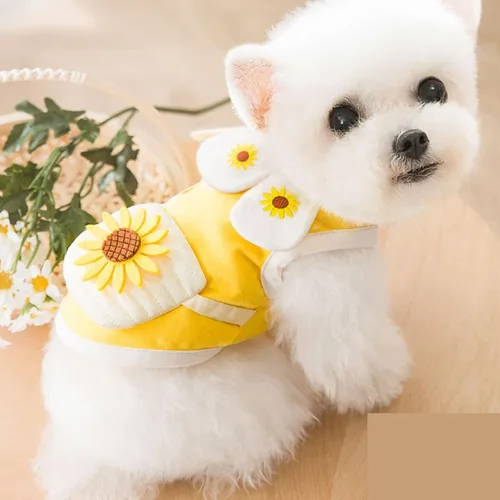 Miniatura 5 de Vestido para perro con manga abombada, amarillo limón, girasol, piña, a cuadros, ropa de verano para perros pequeños y niñas