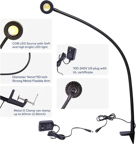 Miniatura 2 de Hersi Lámpara de escritorio de brazo flexible de 5 W y 35 pulgadas de largo, luz LED de trabajo de arquitecto de metal con abrazadera, lámpara