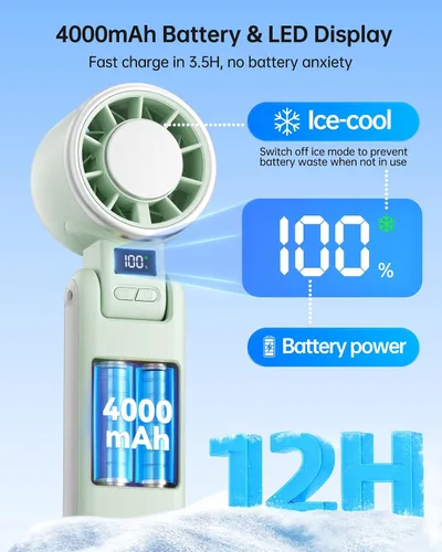 Miniatura 5 de TriPole Ventilador Turbo Portátil de Mano con Enfriamiento de Hielo, Mini Ventilador Plegable de 5 Velocidades con Batería Recargable 3 en 1