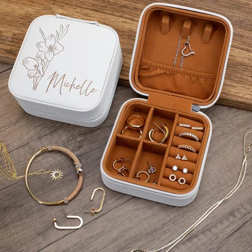 Miniatura 9 de Joyero de cuero personalizado con nombre y mes de la flor de nacimiento, regalos de cumpleaños para mujeres, estuche de viaje de joyería Negro