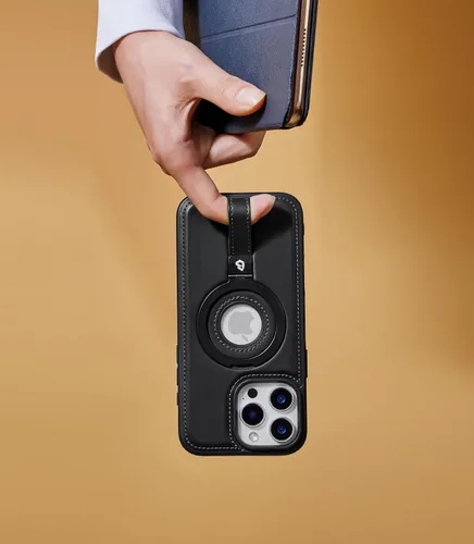 Miniatura 5 de Butaiga - Funda para iPhone 12 Pro Max con correa de cuero, soporte de anillo, color negro Finger Loop, Relieve Smartphone Pinky Strain