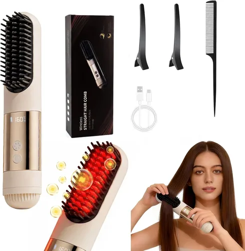 Go Brush Pro 2026 - Cepillo alisador de pelo inalámbrico portátil de 3 temperaturas para viajes, calor rápido de 30 segundos y pantalla digital LED