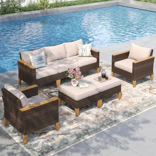 Miniatura 8 de PHI VILLA Otomana de mimbre para patio, 2 piezas, asiento otomano de mimbre para todo tipo de clima, reposapiés para exteriores con cojines